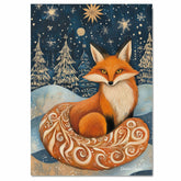 Cozy Winter Fox Canvas – Red Fox with Patterned Tail in Snowy Forest Under Stars and Golden Snowflakes on Ready to Hang 1.5" Thick Canvas Wrap, Floating Framed Canvas, Flat Rolled Canvas